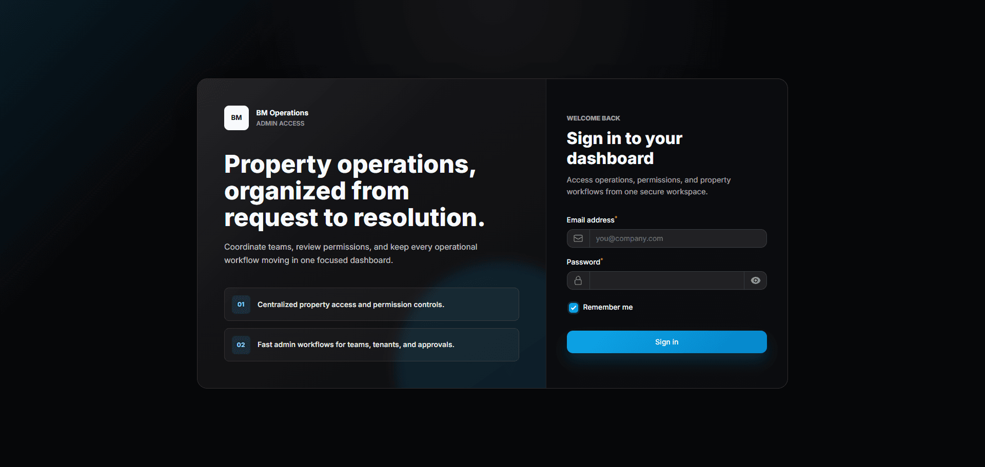 Halaman login Nivara BM Operations dengan ringkasan akses admin