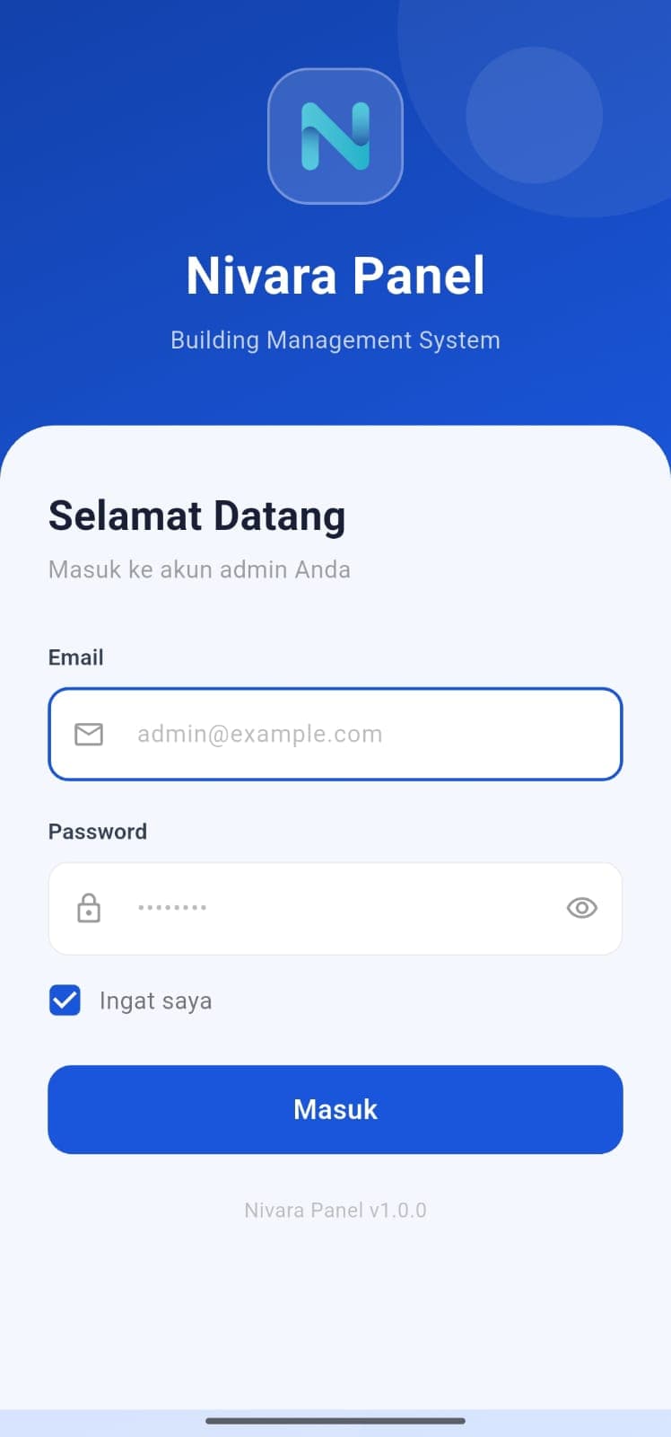 Layar login aplikasi Nivara Panel