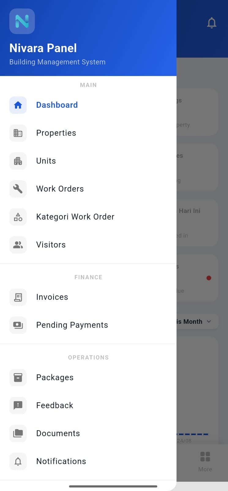 Menu navigasi aplikasi Nivara Panel yang dikelompokkan per kategori