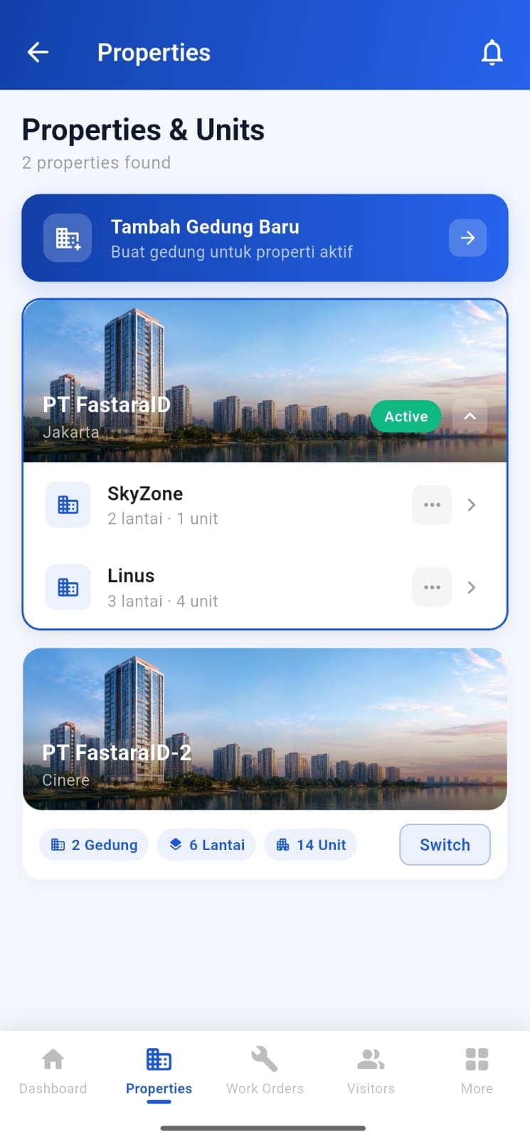 Daftar property dan unit di aplikasi Nivara Panel