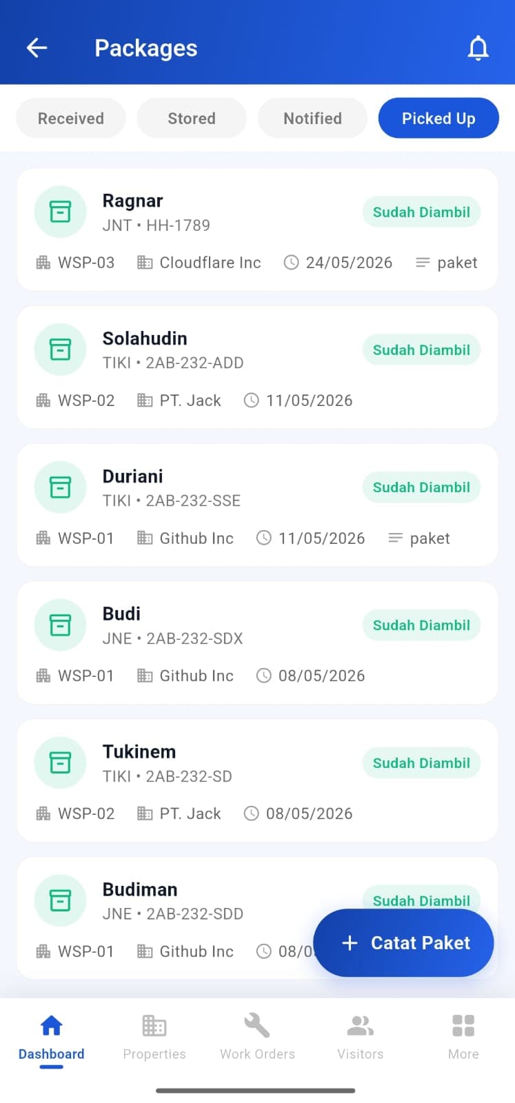 Daftar paket masuk di aplikasi Nivara Panel dengan status Picked Up