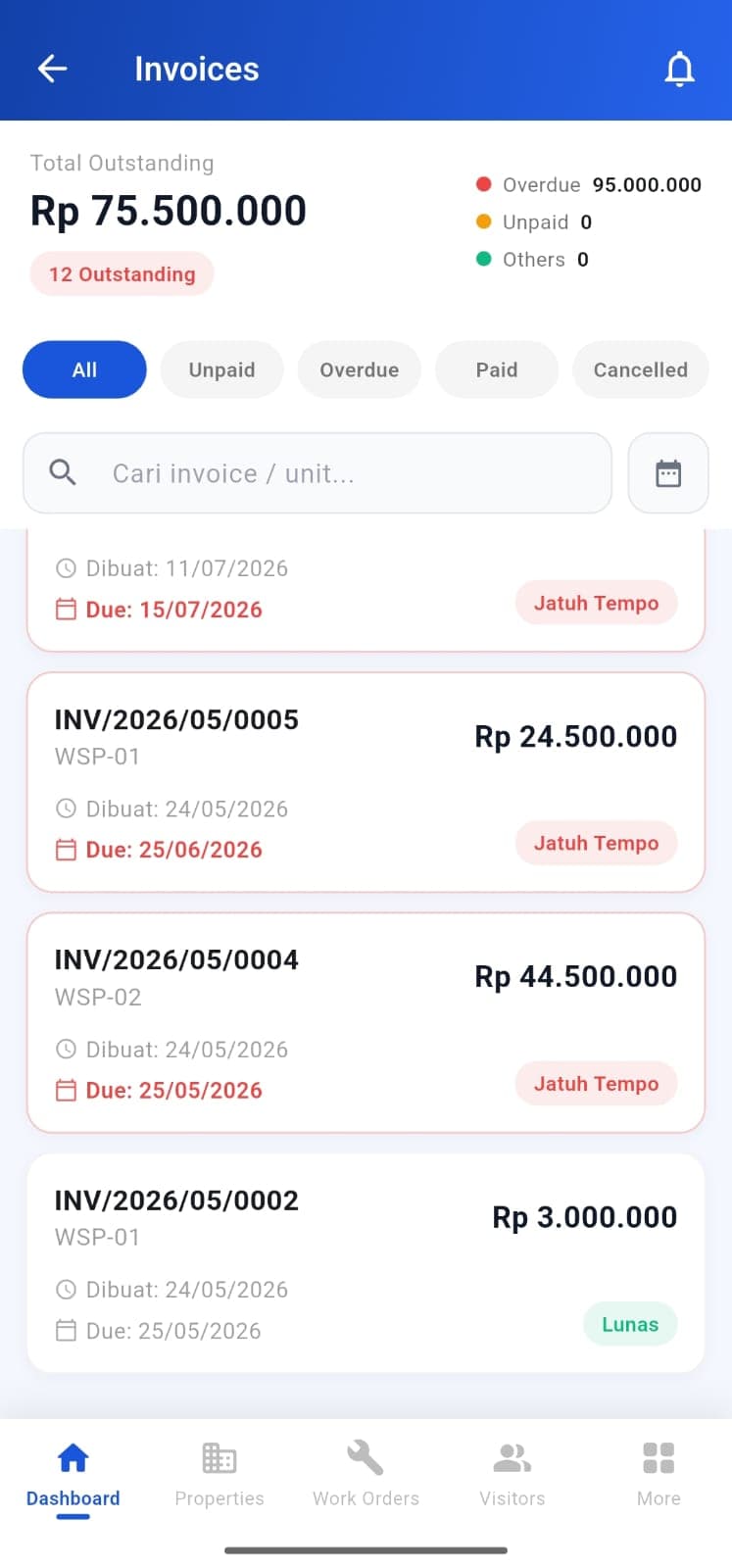 Daftar invoice di aplikasi Nivara Panel dengan status jatuh tempo dan lunas